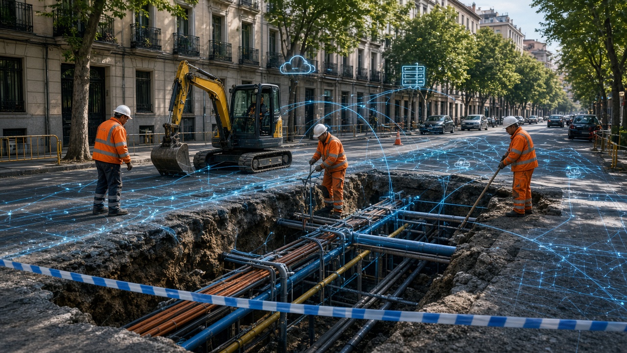 Obras en una calle de Madrid con trabajadores, maquinaria, zanja, cables y tuberías, superpuestas con una red transparente de comunicaciones y datos